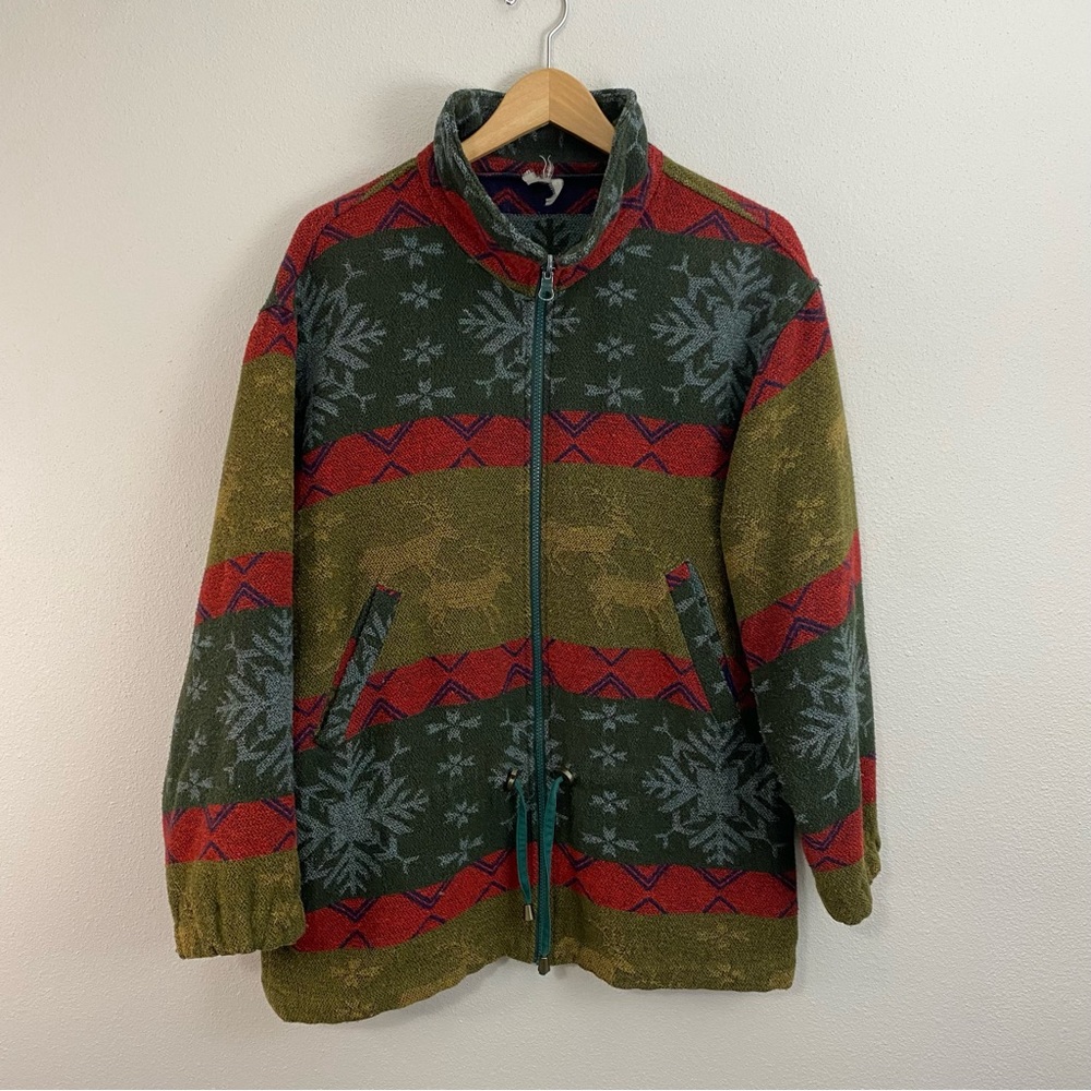 Vintage Outdoor Deer Green and Red Full Zip Jacket Women’s Size L/XL